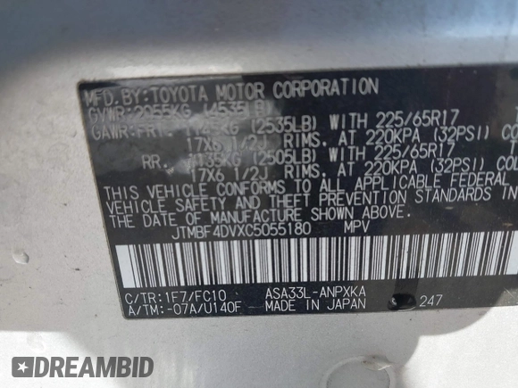 2012 Toyota RAV4 with VIN JTMBF4DVXC5055180, listed as a IAAI auction lot 41979468 with 74,431 mi miles and . Bid and sale history available at carsss.com. Image 9.