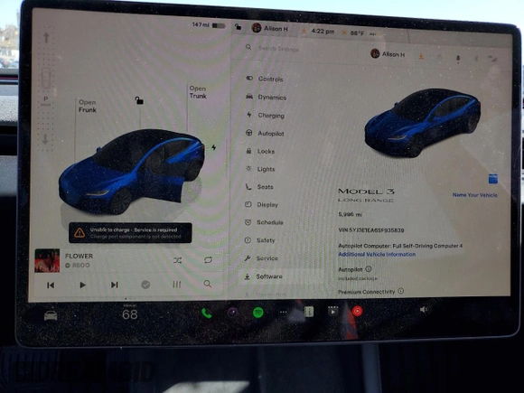 2025 Tesla Model 3 Long Range with VIN 5YJ3E1EA6SF935839, listed as a Copart auction lot 57665785 with 5,996 mi miles and Salvage title. Bid and sale history available at DreamBid. Image 9.