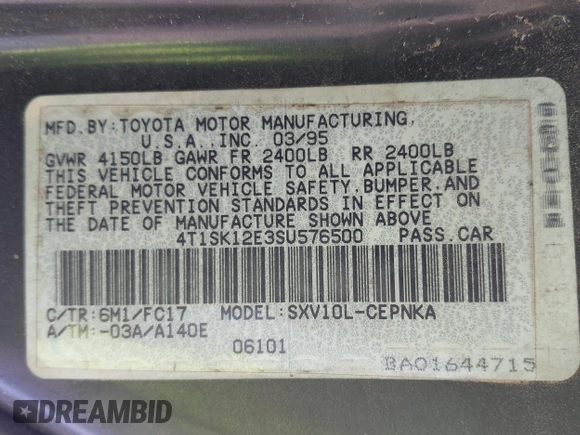 1995 Toyota Camry LE z VIN 4T1SK12E3SU576500, wystawiony jako IAAI lot #42186816 z przebiegiem 216 809 mil mil oraz . Historia ofert i sprzedaży dostępna na DreamBid. Obrazek 9.