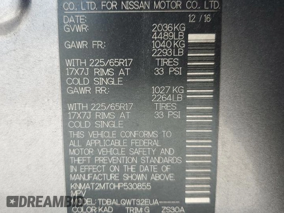 2017 Nissan Rogue SV with VIN KNMAT2MT0HP530855, listed as a Copart auction lot 54010415 with 87,443 mi miles and Salvage Title. Bid and sale history available at carsss.com. Image 14.