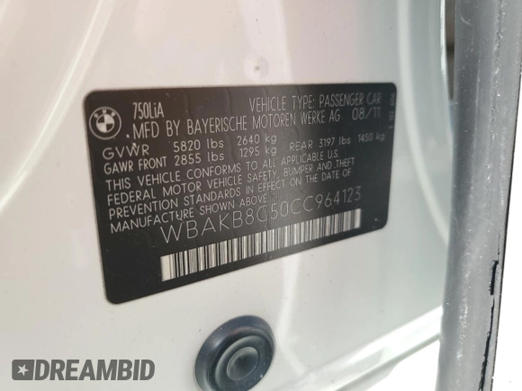2012 BMW 7 Series 750Li z VIN WBAKB8C50CC964123, wystawiony jako Copart lot #60212005 z przebiegiem 75 979 mil mil oraz Szkoda całkowita • Salvage title. Historia ofert i sprzedaży dostępna na DreamBid. Obrazek 12.
