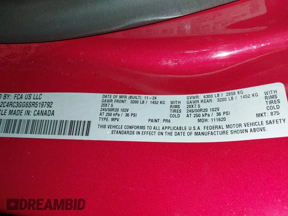 2025 Chrysler Pacifica Limited with VIN 2C4RC3GG6SR519792, listed as a IAAI auction lot 41498523 with Not provided miles and . Bid and sale history available at DreamBid. Image 9.