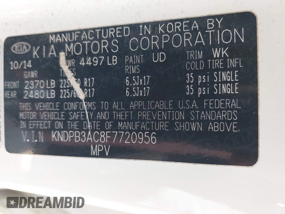 2015 Kia Sportage LX with VIN KNDPB3AC8F7720956, listed as a IAAI auction lot 41987551 with 178,281 mi miles and . Bid and sale history available at DreamBid. Image 9.