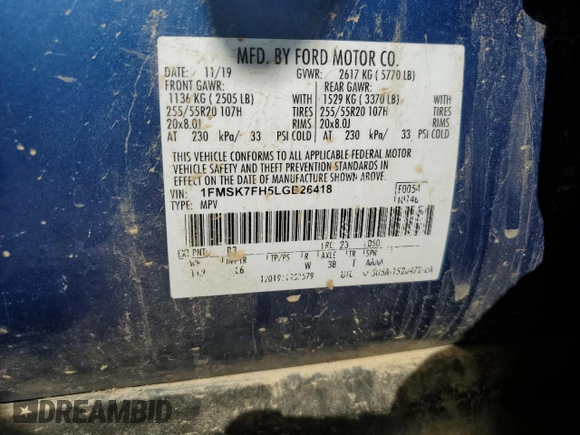 2020 Ford Explorer Limited с VIN 1FMSK7FH5LGB26418, выставлен на аукционе Copart как лот 59122295 с пробегом 124 463 миль миль и Списание • Salvage title. История ставок и продаж доступна на DreamBid. Изображение 13.