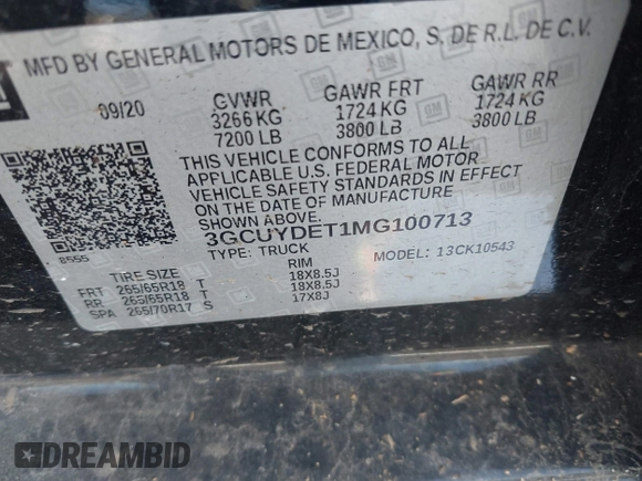 2021 Chevrolet Silverado 1500 LT with VIN 3GCUYDET1MG100713, listed as a IAAI auction lot 41854330 with 92,186 mi miles. Bid and sale history available at carsss.com. Image 9.