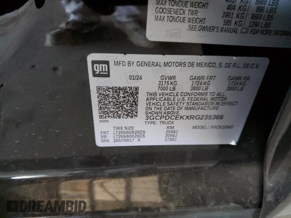 2024 Chevrolet Silverado 1500 Custom Trail Boss with VIN 3GCPDCEKXRG235366, listed as a Copart auction lot 81502384 with 15,855 mi miles and Salvage Title. Bid and sale history available at carsss.com. Image 14.