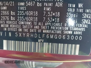 2021 Kia Sorento EX z VIN 5XYRHDLF6MG063000, wystawiony jako IAAI lot #42136316 z przebiegiem 53 815 mil mil oraz . Historia ofert i sprzedaży dostępna na DreamBid. Obrazek 9.