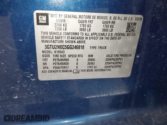 2016 GMC Sierra 1500 SLT with VIN 3GTU2NEC5GG246818, listed as a IAAI auction lot 41914533 with 122,298 mi miles and . Bid and sale history available at DreamBid. Image 9.
