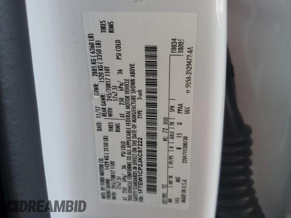 2018 Ford F-150 XL with VIN 1FTEW1CP2JKC87222, listed as a Copart auction lot 60041355 with 178,221 mi miles and Salvage title. Bid and sale history available at DreamBid. Image 12.