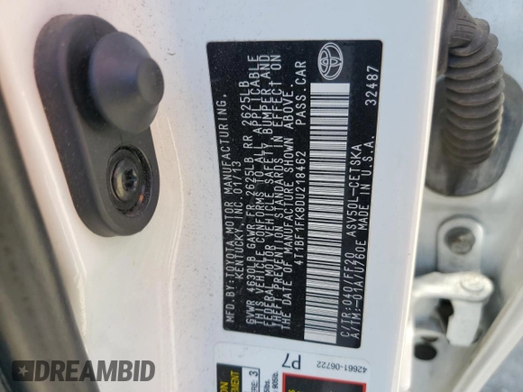 2013 Toyota Camry L with VIN 4T1BF1FK8DU218462, listed as a Copart auction lot 55753455 with 173,704 mi miles and Clean Title. Bid and sale history available at DreamBid. Image 12.
