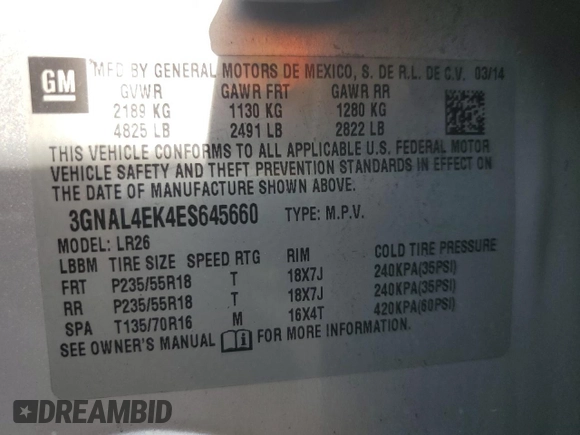 2014 Chevrolet Captiva Sport LTZ with VIN 3GNAL4EK4ES645660, listed as a Copart auction lot 75703184 with Not Provided miles and Salvage Title. Bid and sale history available at DreamBid. Image 13.