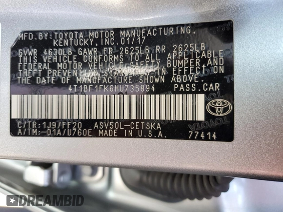 2017 Toyota Camry XLE z VIN 4T1BF1FK6HU735894, wystawiony jako Copart lot #54791645 z przebiegiem 81 872 mil mil oraz Szkoda całkowita • Salvage title. Historia ofert i sprzedaży dostępna na DreamBid. Obrazek 12.