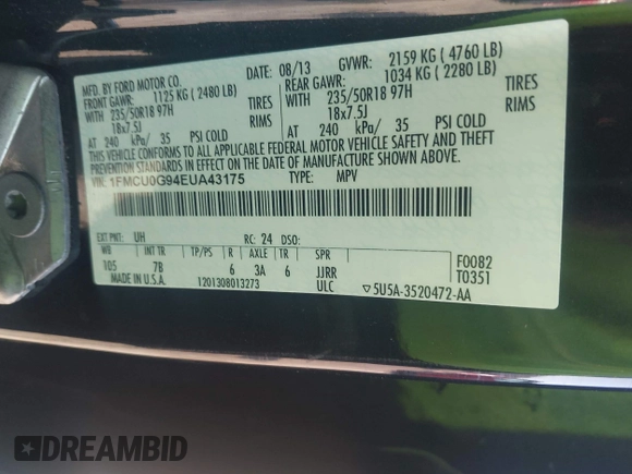 2014 Ford Escape SE with VIN 1FMCU0G94EUA43175, listed as a IAAI auction lot 42157926 with 1 mi miles. Bid and sale history available at carsss.com. Image 9.