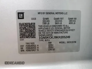 2019 Chevrolet Tahoe Premier with VIN 1GNSKCKJ9KR205249, listed as a Copart auction lot 41647065 with 46,854 mi miles and Salvage title. Bid and sale history available at DreamBid. Image 15.