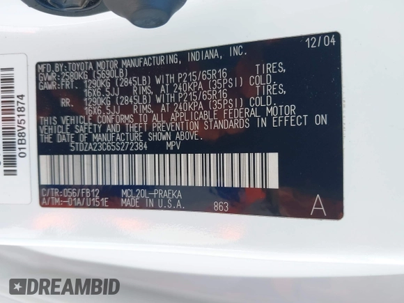 2005 Toyota Sienna CE z VIN 5TDZA23C65S272384, wystawiony jako IAAI lot #42358682 z przebiegiem 62 769 mil mil oraz . Historia ofert i sprzedaży dostępna na DreamBid. Obrazek 9.