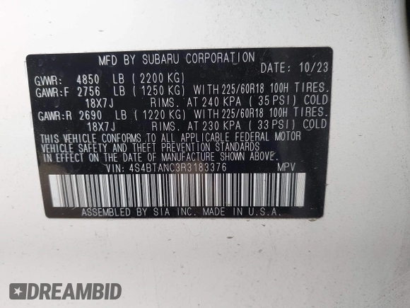 2024 Subaru Outback Limited with VIN 4S4BTANC3R3183376, listed as a IAAI auction lot 42096699 with 13,237 mi miles and . Bid and sale history available at DreamBid. Image 9.