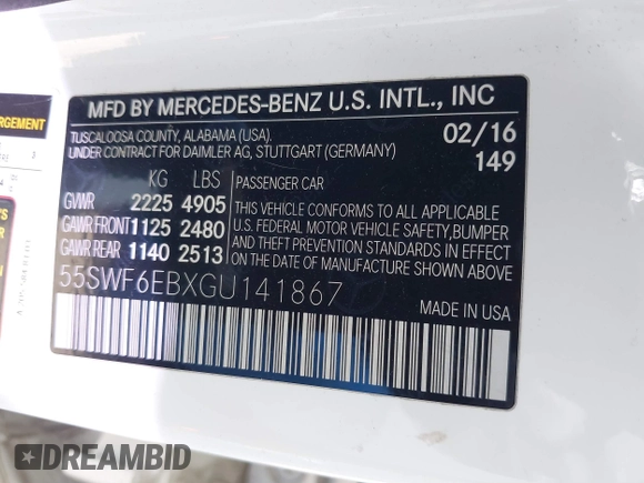 2016 Mercedes-Benz C 450 AMG with VIN 55SWF6EBXGU141867, listed as a IAAI auction lot 41596461 with 126,565 mi miles and . Bid and sale history available at carsss.com. Image 9.