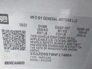 2022 Chevrolet Malibu LT with VIN 1G1ZD5ST8NF174864, listed as a IAAI auction lot 42049911 with 90,571 mi miles and . Bid and sale history available at DreamBid. Image 9.