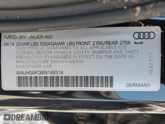 2014 Audi A6 Prestige with VIN WAUHGAFC8EN148314, listed as a Copart auction lot 59018825 with 68,450 mi miles and Salvage title. Bid and sale history available at DreamBid. Image 12.