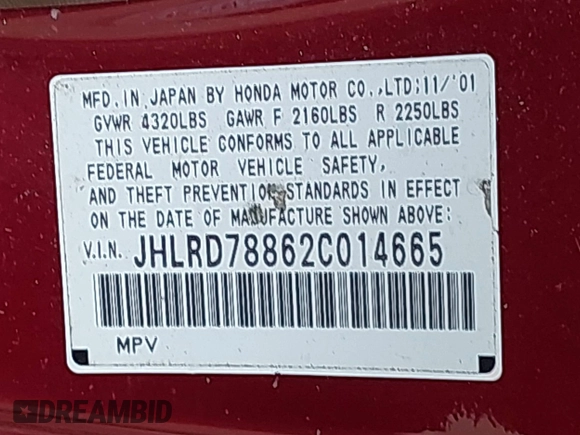 2002 Honda CR-V EX with VIN JHLRD78862C014665, listed as a IAAI auction lot 42084791 with Not Provided miles and . Bid and sale history available at DreamBid. Image 9.