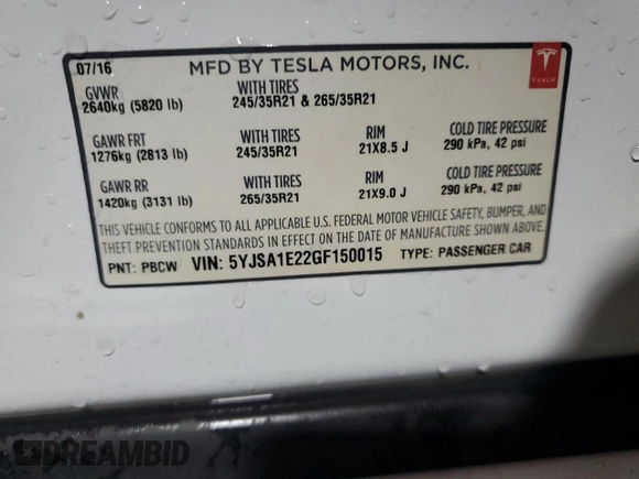 2016 Tesla Model S 90D with VIN 5YJSA1E22GF150015, listed as a Copart auction lot 61559375 with 75,609 mi miles and Salvage title. Bid and sale history available at DreamBid. Image 12.