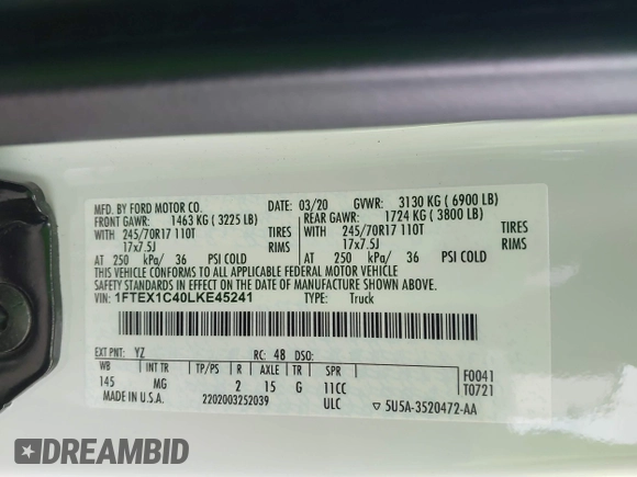 2020 Ford F-150 XL with VIN 1FTEX1C40LKE45241, listed as a IAAI auction lot 41403576 with 58,476 mi miles and . Bid and sale history available at DreamBid. Image 9.
