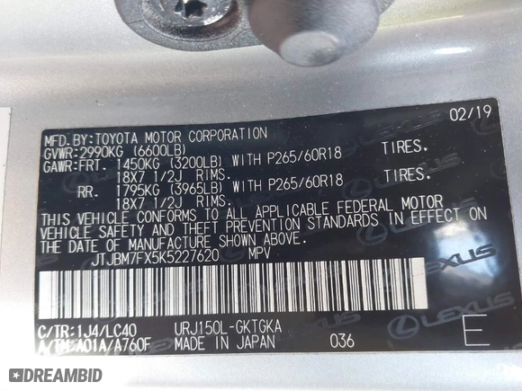 2019 Lexus GX with VIN JTJBM7FX5K5227620, listed as a IAAI auction lot 41552973 with 84,339 mi miles. Bid and sale history available at carsss.com. Image 9.
