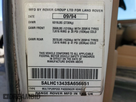 1995 Land Rover Range Rover with VIN SALHC1343SA656651, listed as a Copart auction lot 80172604 with 148,324 mi miles and Salvage title. Bid and sale history available at DreamBid. Image 13.