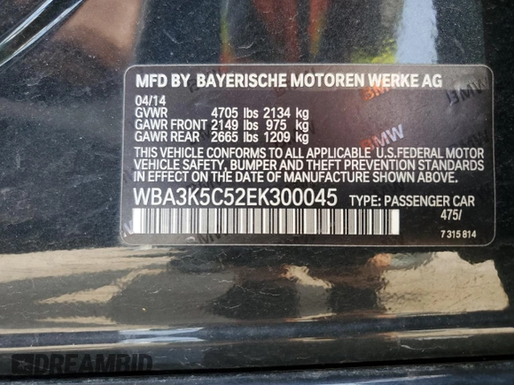 2014 BMW 3 Series 328d xDrive with VIN WBA3K5C52EK300045, listed as a Copart auction lot 60244705 with 116,593 mi miles and Non repairable. Bid and sale history available at DreamBid. Image 13.