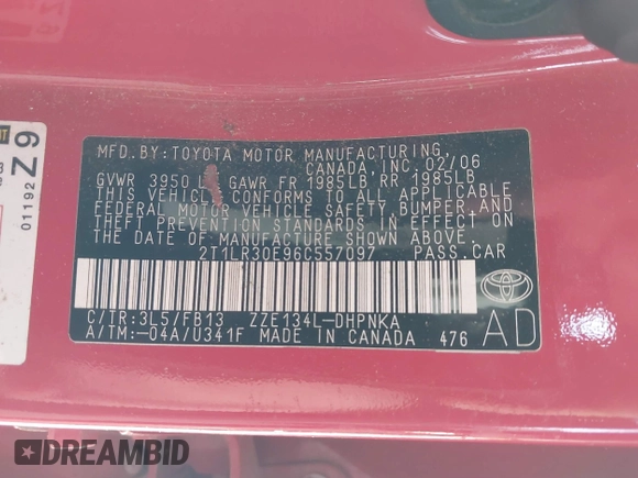2006 Toyota Matrix STD z VIN 2T1LR30E96C557097, wystawiony jako IAAI lot #41708591 z przebiegiem Nie podano mil oraz . Historia ofert i sprzedaży dostępna na DreamBid. Obrazek 9.