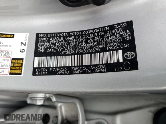 2023 Toyota Corolla Hybrid LE with VIN JTDBDMHE9P3006635, listed as a Copart auction lot 47425635 with 0 mi miles and Salvage Title. Bid and sale history available at carsss.com. Image 14.