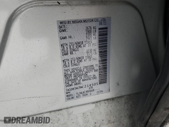 2022 Nissan Pathfinder S with VIN 5N1DR3AC9NC214505, listed as a Copart auction lot 85484804 with 60,227 mi miles and Salvage title. Bid and sale history available at DreamBid. Image 13.