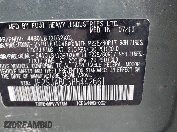 2017 Subaru Forester with VIN JF2SJABC3HH442661, listed as a IAAI auction lot 42136851 with 89,791 mi miles and . Bid and sale history available at DreamBid. Image 9.