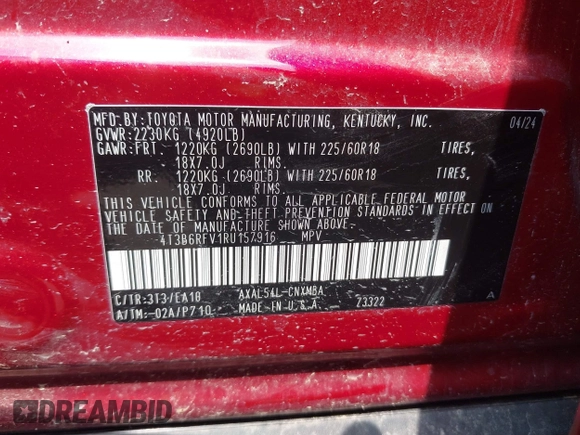 2024 Toyota RAV4 Hybrid XLE Premium with VIN 4T3B6RFV1RU157916, listed as a IAAI auction lot 42368567 with 14,304 mi miles and . Bid and sale history available at DreamBid. Image 9.