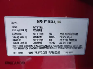 2023 Tesla Model Y Long Range with VIN 7SAYGDEE1PF860207, listed as a IAAI auction lot 41101287 with 24,320 mi miles. Bid and sale history available at carsss.com. Image 9.