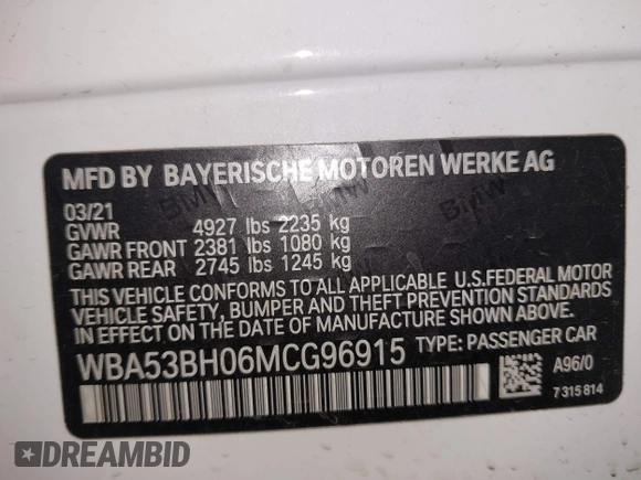 2021 BMW 5 Series 530i with VIN WBA53BH06MCG96915, listed as a IAAI auction lot 41640813 with 50,562 mi miles and . Bid and sale history available at DreamBid. Image 9.