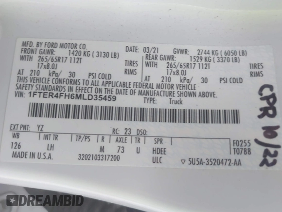 2021 Ford Ranger XL z VIN 1FTER4FH6MLD35459, wystawiony jako IAAI lot #41864824 z przebiegiem 43 181 mil mil oraz . Historia ofert i sprzedaży dostępna na DreamBid. Obrazek 9.