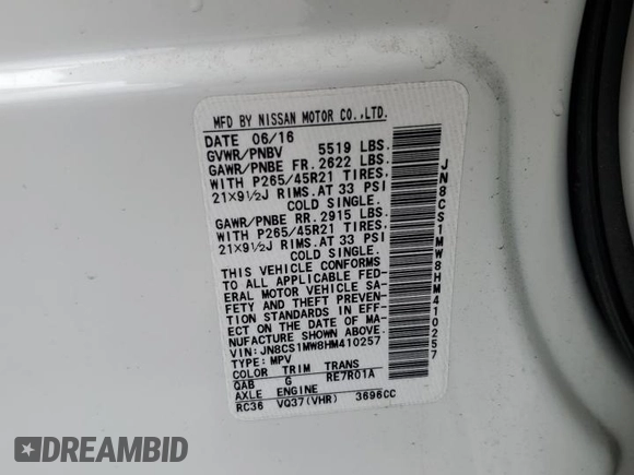 2017 Infiniti QX70 z VIN JN8CS1MW8HM410257, wystawiony jako Copart lot #54413295 z przebiegiem 41 206 mil mil oraz Szkody całkowita. Historia ofert i sprzedaży dostępna na DreamBid. Obrazek 13.