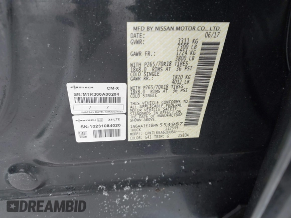 2017 Nissan Titan S with VIN 1N6AA1EJ8HN554987, listed as a IAAI auction lot 41517292 with Not Provided miles. Bid and sale history available at carsss.com. Image 9.