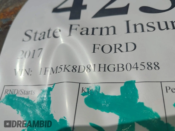 2017 Ford Explorer XLT with VIN 1FM5K8D81HGB04588, listed as a IAAI auction lot 42584072 with Not provided miles and . Bid and sale history available at DreamBid. Image 9.