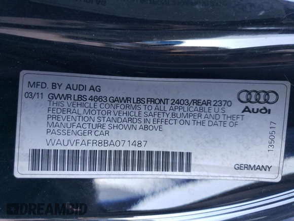 2011 Audi A5 Prestige with VIN WAUVFAFR8BA071487, listed as a Copart auction lot 49089125 with 134,381 mi miles and Clean title. Bid and sale history available at DreamBid. Image 12.