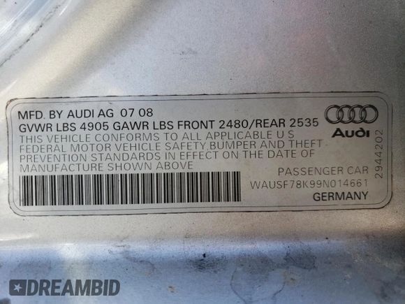 2009 Audi A4 2.0T Prem Plus with VIN WAUSF78K99N014661, listed as a Copart auction lot 88607145 with 119,534 mi miles and Salvage Title. Bid and sale history available at carsss.com. Image 14.