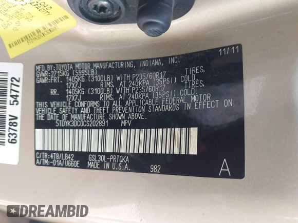 2012 Toyota Sienna XLE AAS with VIN 5TDYK3DC0CS202891, listed as a IAAI auction lot 41938594 with Not Provided miles and . Bid and sale history available at carsss.com. Image 9.