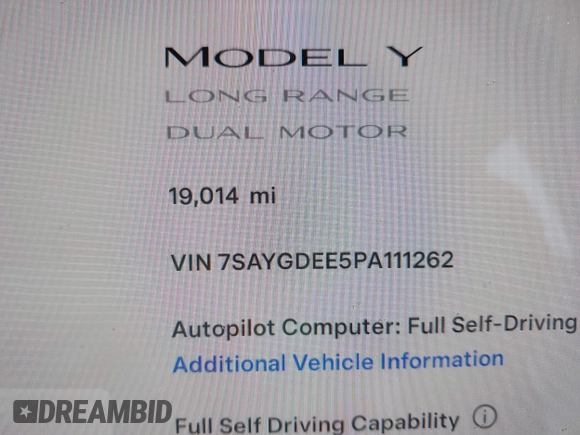 2023 Tesla Model Y Long Range with VIN 7SAYGDEE5PA111262, listed as a IAAI auction lot 42341148 with 19,014 mi miles and . Bid and sale history available at DreamBid. Image 15.