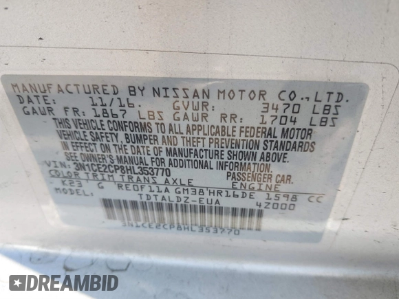 2017 Nissan Note SV with VIN 3N1CE2CP8HL353770, listed as a IAAI auction lot 41594292 with 107,217 mi miles and . Bid and sale history available at DreamBid. Image 9.