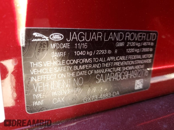 2017 Jaguar XE 25t with VIN SAJAR4BG9HA972716, listed as a Copart auction lot 53547115 with 54,252 mi miles and Salvage Title. Bid and sale history available at DreamBid. Image 13.