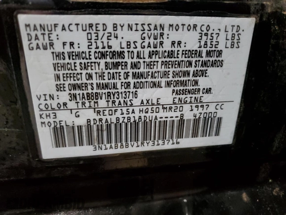 2024 Nissan Sentra S with VIN 3N1AB8BV1RY313716, listed as a Copart auction lot 89069005 with 10,044 mi miles and Non Repairable. Bid and sale history available at DreamBid. Image 12.