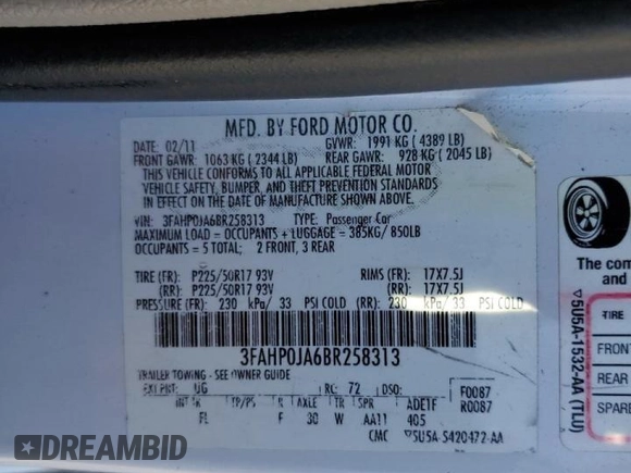 2011 Ford Fusion SEL with VIN 3FAHP0JA6BR258313, listed as a Copart auction lot 48901045 with 146,161 mi miles and Salvage Title. Bid and sale history available at DreamBid. Image 12.