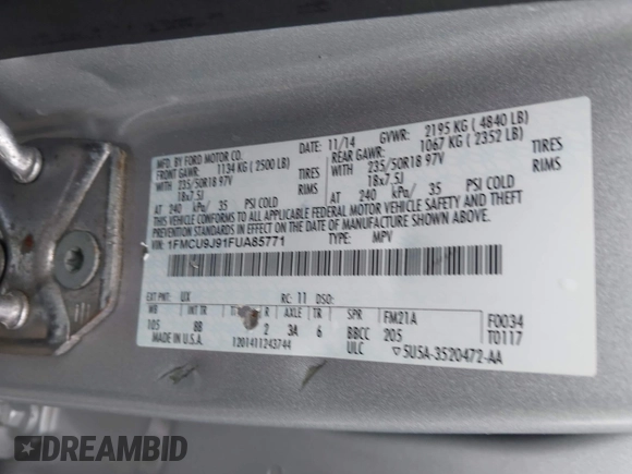 2015 Ford Escape Titanium с VIN 1FMCU9J91FUA85771, выставлен на аукционе IAAI как лот 42306986 с пробегом 135 787 миль миль и . История ставок и продаж доступна на DreamBid. Изображение 9.