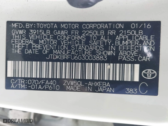 2016 Toyota Prius Two with VIN JTDKBRFU6G3003883, listed as a IAAI auction lot 41924029 with 127,098 mi miles. Bid and sale history available at carsss.com. Image 9.